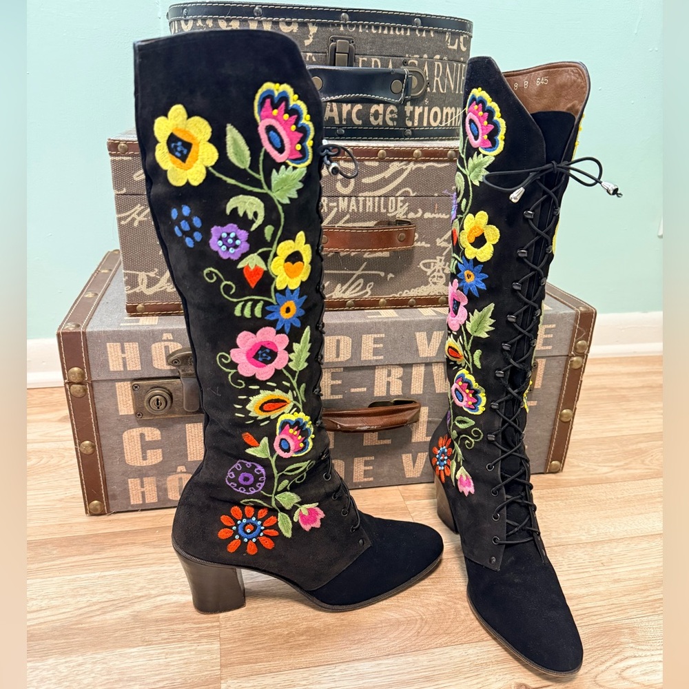 💫STUNNING RARE 60s 70s Enosis Greece Jerry Edouard Embroidered Black Gogo Boots - Picture 3 of 15
